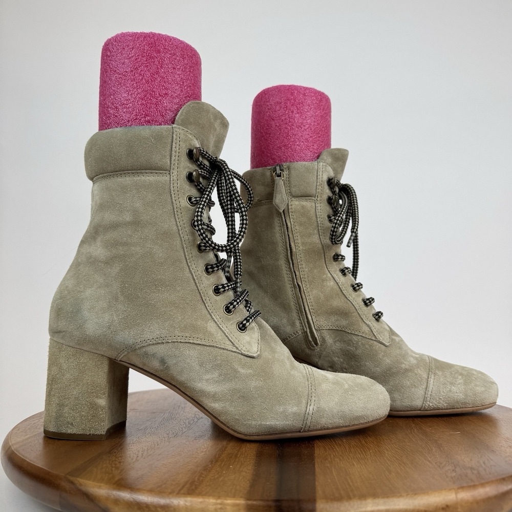 Womens Miu Miu Taupe Brown Suede Desert Lace Up Heeled Combat Boots Size‎ EU 41